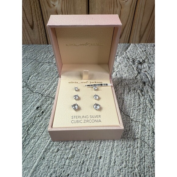 NIB Olivia And Jackson Sterling Silver Cubic Zirconia Studs 3 Earrings Set - Picture 1 of 8
